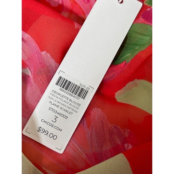 NWT Chicos Blouse Womens Size 3 L Georgette Flame Red Fiesta Floral Top Button n - Picture 4 of 10